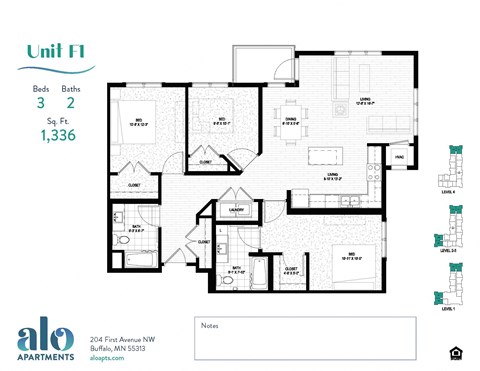 Floor plan for 3 beds, 2 baths, 1336 sqft